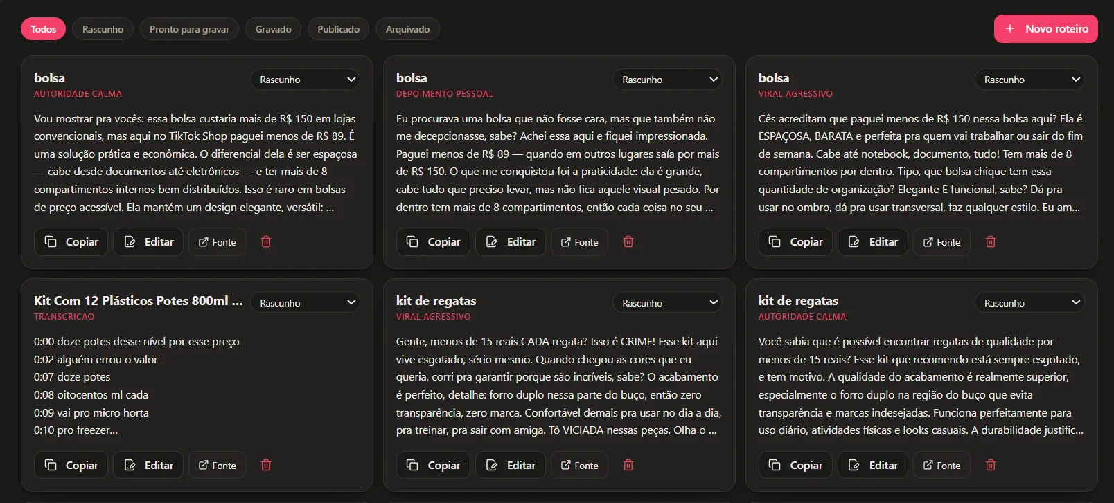 Roteiros prontos na 4You: o mesmo produto em versões de autoridade, depoimento e viral agressivo
